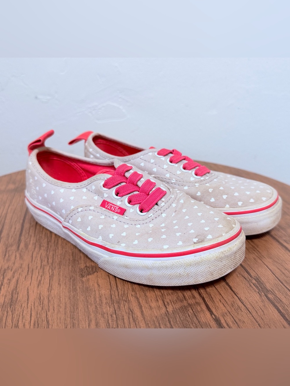 Vans Kids Beige Canvas Sneakers with Pink Accents size 1 youth